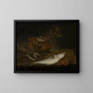 Pieter van Schaeyenborgh - Stilleven met vissen vogels en een kat.webp