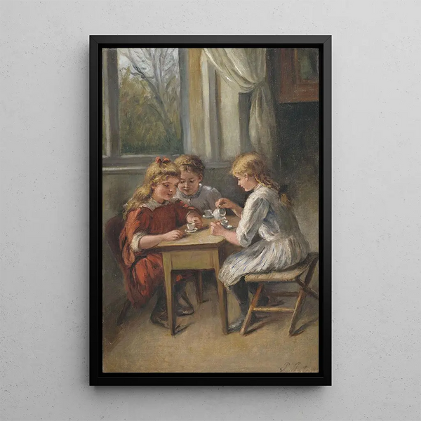 Bavardage de café Trois filles au café des enfants - Pietronella Peters — gerahmtes Bild an der Wand