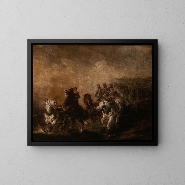 Kunstartillerie, die einen Bach überquert - Piotr Michałowski — gerahmtes Bild an der Wand