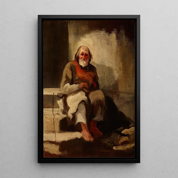 Studie eines alten Mannes, der auf den Treppen sitzt - Piotr Michałowski — gerahmtes Bild an der Wand