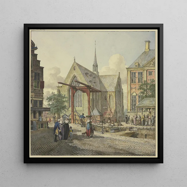Porte de l'écluse près d'une église, à gauche une dame voilée, un officier et une dame avec un garçon - Johannes Huibert Prins