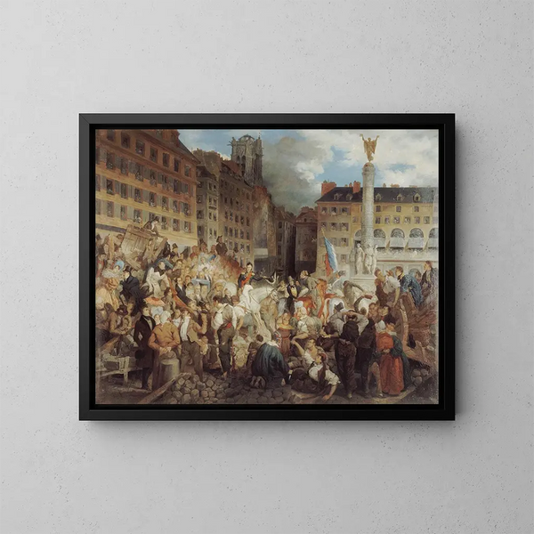 Der Herzog von Orléans auf dem Weg zum Rathaus überquert den Châtelet-Platz am 31. Juli 1830 - Prosper Lafaye — gerahmtes Bild an der Wand