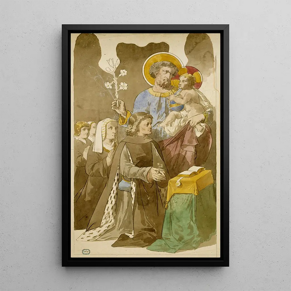 Saint Joseph und das Jesuskind inmitten einer betenden Familie - Prosper Lafaye — gerahmtes Bild an der Wand