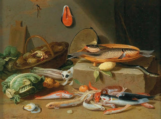 Pseudo Jan van Kessel II - A kitchen still life with fish vegetables and a cat.webp