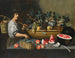 Naturstillleben mit Trauben, Melonen und Granatäpfeln auf einer Steinkante mit einer Figur, die links einen Korb trägt - Pseudo Pietro Paolo Bonzi — Ansicht des Kunstwerks