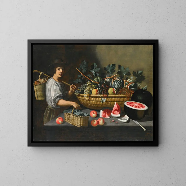 Naturstillleben mit Trauben, Melonen und Granatäpfeln auf einer Steinkante mit einer Figur, die links einen Korb trägt - Pseudo Pietro Paolo Bonzi — gerahmtes Bild an der Wand