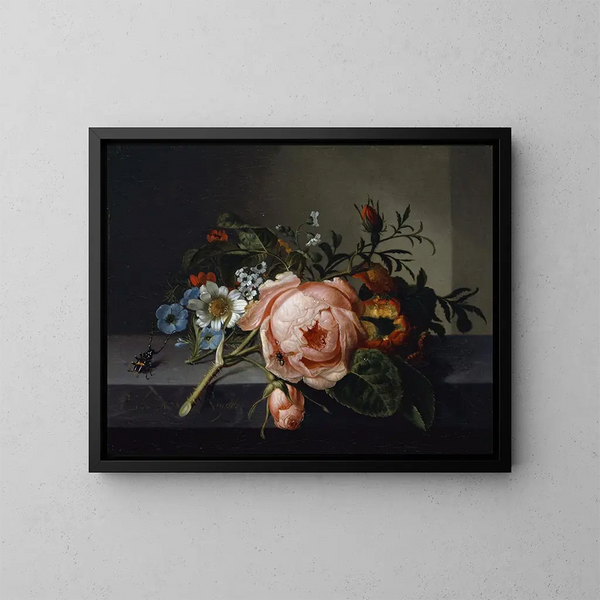 Naturstillleben mit einem Rosenzweig, einem Käfer und einer Biene - Rachel Ruysch — gerahmtes Bild an der Wand