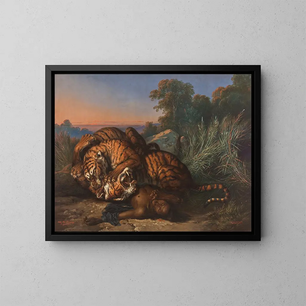Tigres im Kampf - Raden Saleh — gerahmtes Bild an der Wand