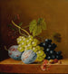 Rosinen, Pflaumen, Himbeeren, Blumen und eine Eichel auf einem Holzregal - Arnoldus Bloemers — Ansicht des Kunstwerks
