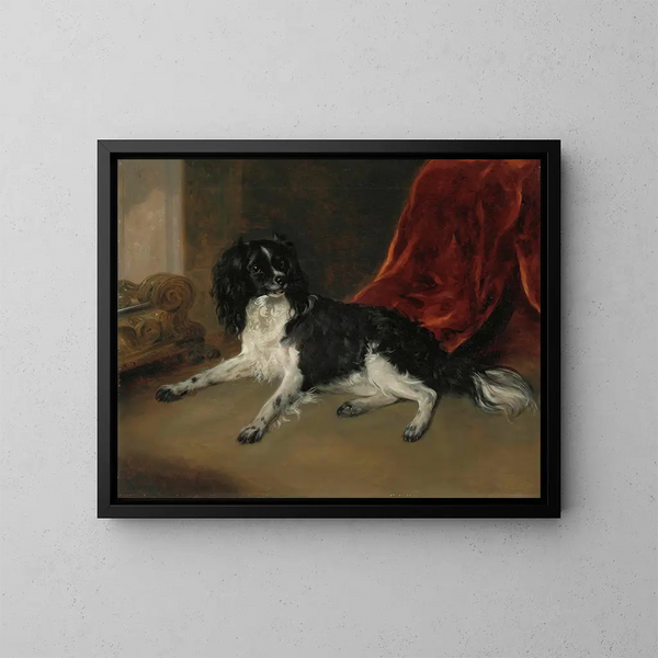 Ein King Charles Spaniel vor einem Kamin - Ramsay Richard Reinagle — gerahmtes Bild an der Wand