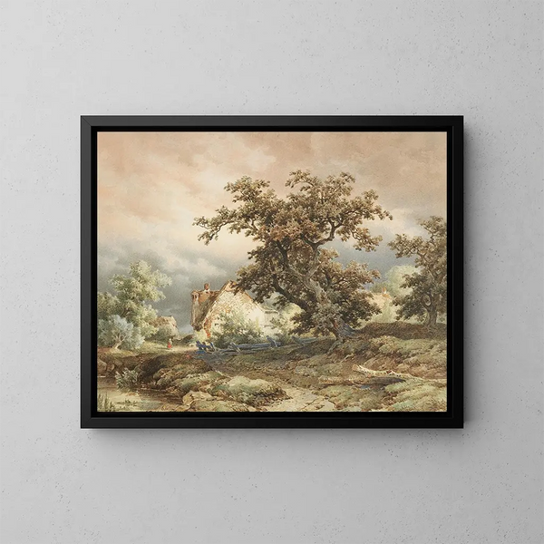 Haus des Bauernhauses und Eiche - Remigius Adrianus van Haanen — gerahmtes Bild an der Wand