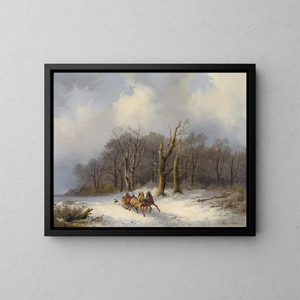 Winterlandschaft mit Pferdeschlitten - Remigius Adrianus van Haanen — gerahmtes Bild an der Wand