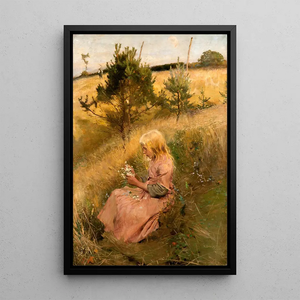 Mädchen, das Blumen pflückt - Richard Bergh — gerahmtes Bild an der Wand
