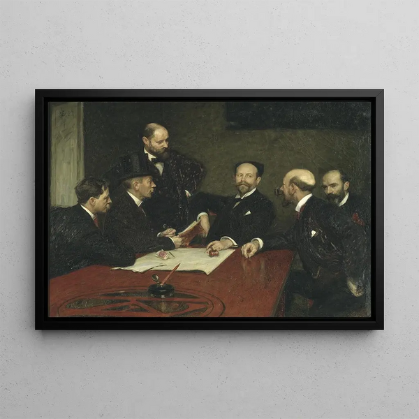 Der Rat der Gesellschaft der Künstler Christian Eriksson Eugène Jansson Karl Nordström Präsident Robert Thegerström stehend Nils Kreuger - Richard Bergh — gerahmtes Bild an der Wand