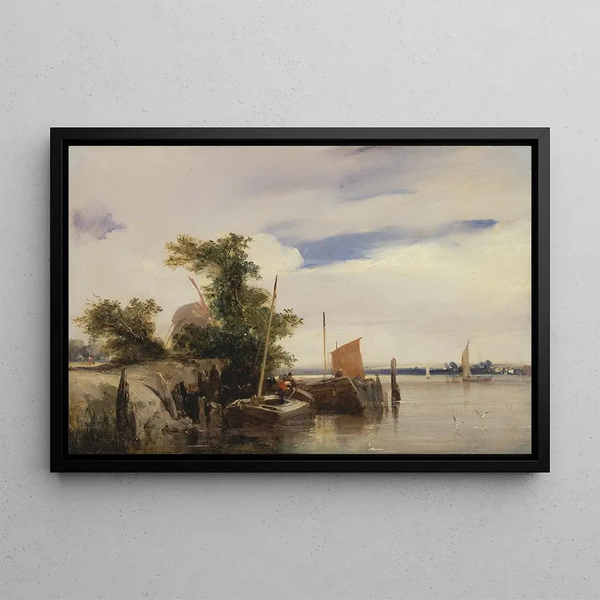 Péniches sur une rivière - Richard Parkes Bonington — gerahmtes Bild an der Wand
