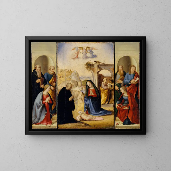 Die Geburt mit Heiligen - Ridolfo Ghirlandaio — gerahmtes Bild an der Wand