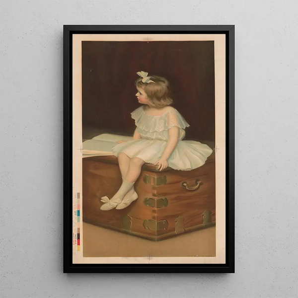 Junge Frau in weiß-blauer Robe, die auf einer Truhe sitzt und ein Buch liest - Robert Chapman Co — gerahmtes Bild an der Wand