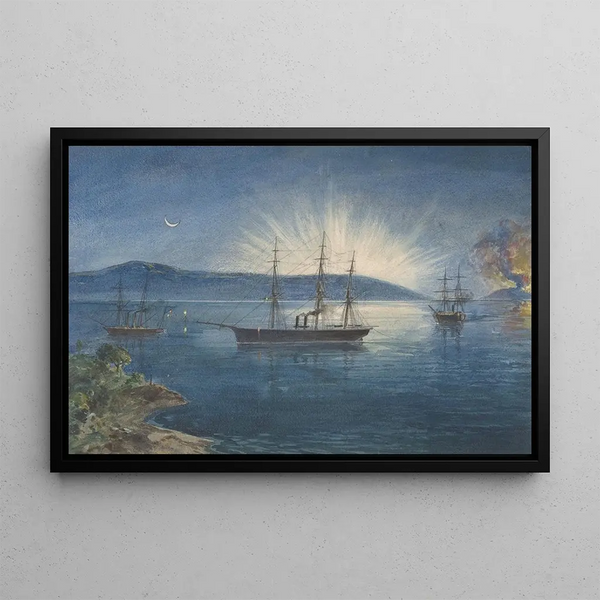 Robert Charles Dudley - The Bay of Bull Arms Trinity Bay Newfoundland Bonfires Lighted on the Hills to Notify of the Arrival of the Cable Fleet on August 5th 1858.webp