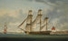 Das Schiff der Ostindischen Gewürze Delaford in zwei Positionen, das Deptford passiert, das königliche Krankenhaus von Greenwich im Hintergrund - Robert Dodd — Ansicht des Kunstwerks