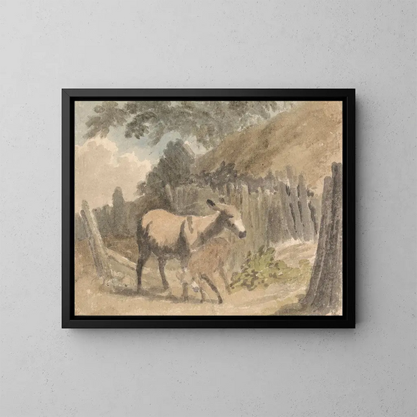 Ein Esel und sein Fohlen - Robert Hills — gerahmtes Bild an der Wand