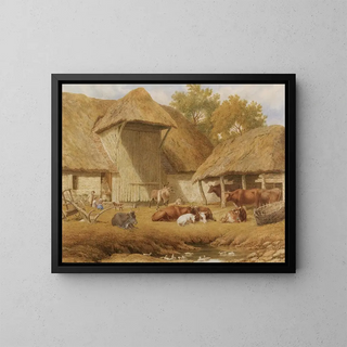 Bétail reposant près des bâtiments agricoles - Robert Hills — gerahmtes Bild an der Wand