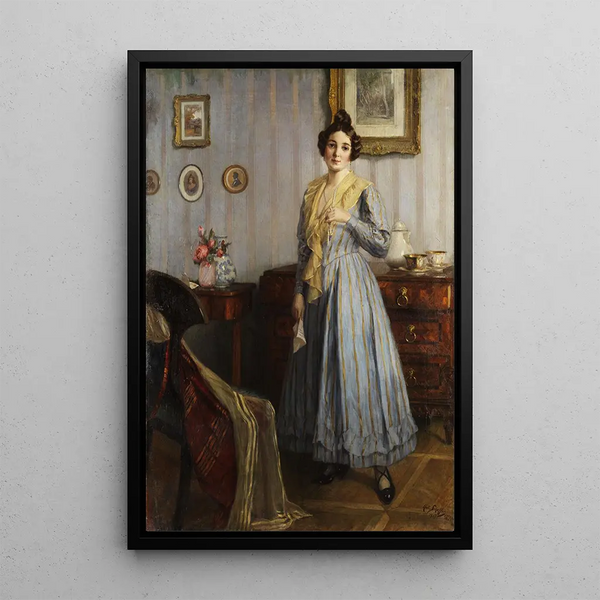 Junge Frau in einem Biedermeier-Innenraum - Robert Scheffer — gerahmtes Bild an der Wand