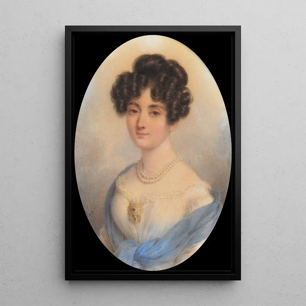 Dame in Weiß und Blau - Rodolphe Bel — gerahmtes Bild an der Wand