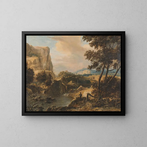 Landschaft mit Bergpanorama und Fischer - Roelant Roghman — gerahmtes Bild an der Wand