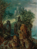 Ein bergiges Flusslandschaft mit Figuren und Ziegen, ein Dorf im Hintergrund - Roelant Savery — Ansicht des Kunstwerks