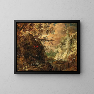 Roelant Savery - A rocky wooded landscape with a waterfall.webp