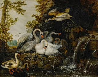 Roelant Savery - Landscape with swans near a waterfall.webp