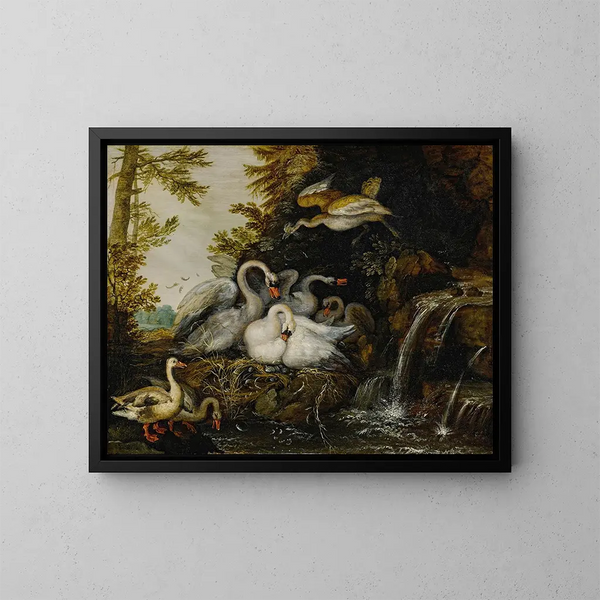 Landschaft mit Schwänen in der Nähe eines Wasserfalls - Roelant Savery — gerahmtes Bild an der Wand
