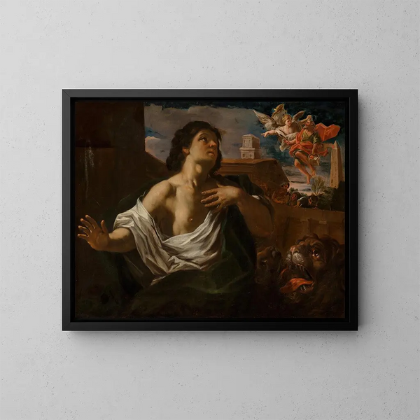 Daniel in der Löwengrube mit einem Engel, der den Propheten Habakuk trägt - Schule von Rom — gerahmtes Bild an der Wand