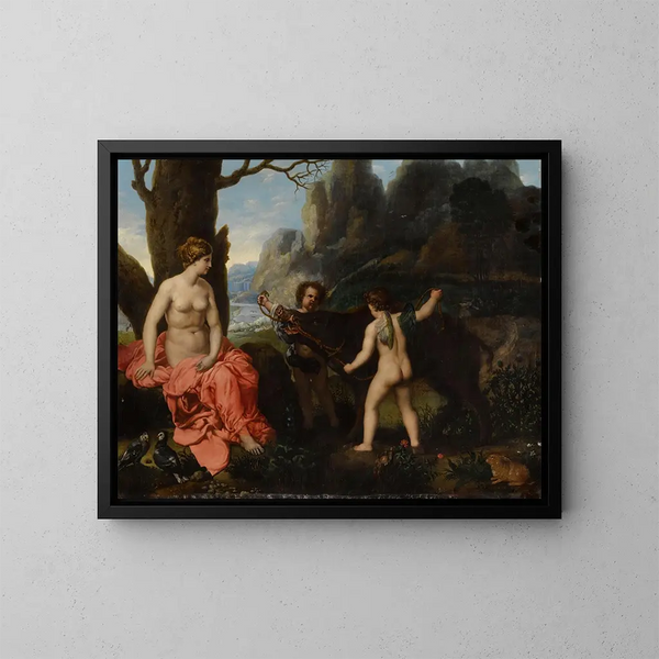 Der Putten, die Venus den Hirsch präsentieren, der Adonis getötet hat - Schule Roms — gerahmtes Bild an der Wand