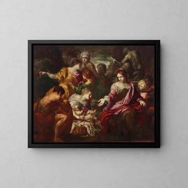 Die Entdeckung Moses - Schule von Rom — gerahmtes Bild an der Wand