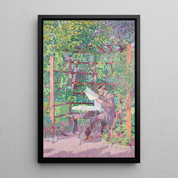 Mann liest in einer Laube - Rudolf Junk — gerahmtes Bild an der Wand
