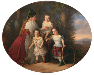 Russian School - Children with their nanny in a Russian costume with a vast landscape in the background.webp