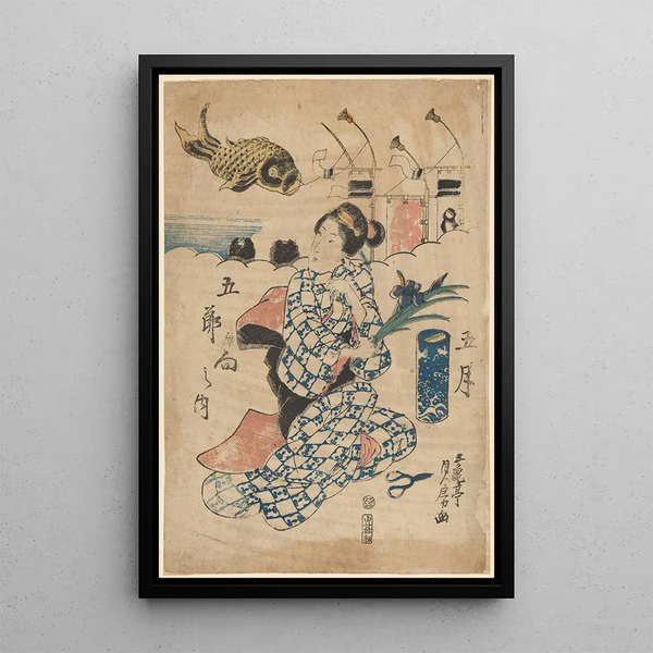 Frau, die eine Iris hält, Küstenlinie, großer Fisch im Hintergrund - Sadafusa Utagawa — gerahmtes Bild an der Wand