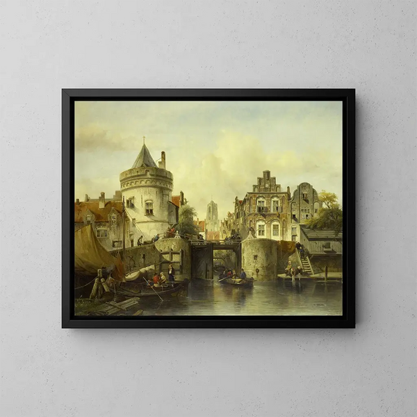 Vue imaginaire basée sur le Kolksluis d'Amsterdam - Salomon Leonardus Verveer — gerahmtes Bild an der Wand