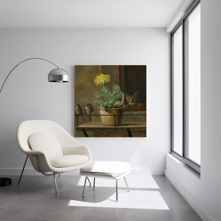 Kunstdruck | Stillleben mit Primel in einer Blumenvase, einer Katze und zwei Spatzen - Martinus Rørbye