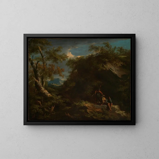 Salvator Rosa - Mountainous forest landscape with resting warriors.webp