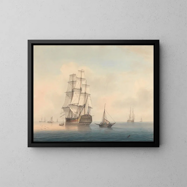 Ein Kriegsschiff, das sich auf den Abmarsch vorbereitet - Samuel Atkins — gerahmtes Bild an der Wand
