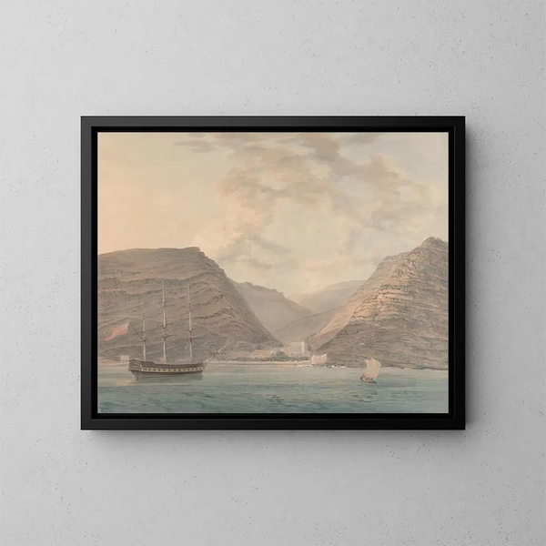 Mann im Kriegshafen bei Anker, Berge im Hintergrund - Samuel Davis — gerahmtes Bild an der Wand