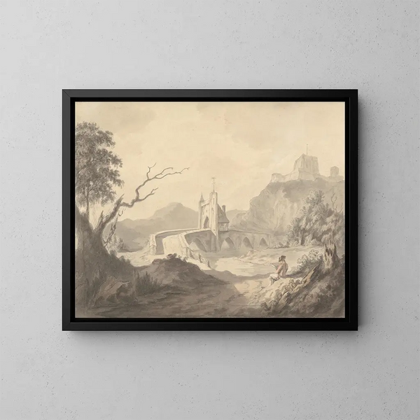Szene am Fluss und Brücke mit einem Künstler im Skizzieren im Vordergrund - Samuel Davis — gerahmtes Bild an der Wand