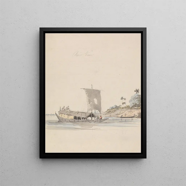 Vue sur la rivière avec une jonque près de Rajmahal - Samuel Davis — gerahmtes Bild an der Wand
