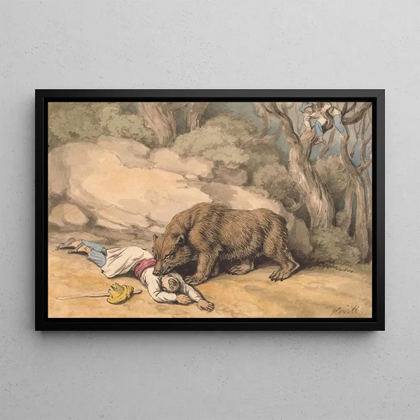 Ein Bär, der auf einen Indianer losgeht - Samuel Howitt — gerahmtes Bild an der Wand
