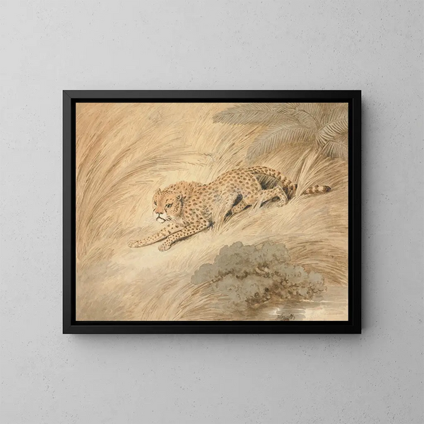 Ein kauender Gepard in der Nähe eines Teiches - Samuel Howitt — gerahmtes Bild an der Wand