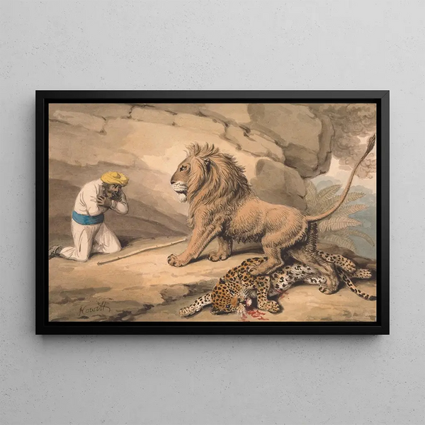 Ein Löwe, der auf einem verletzten Leoparden steht - Samuel Howitt — gerahmtes Bild an der Wand