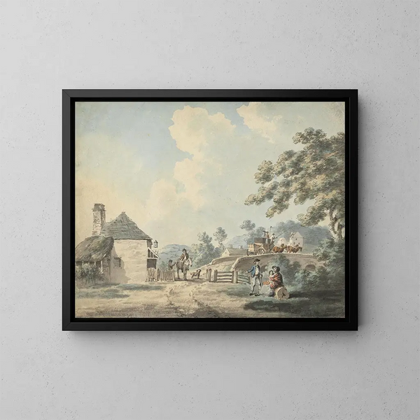 Die Mautstation mit einer Postkutsche, die die Brücke überquert - Samuel Howitt — gerahmtes Bild an der Wand