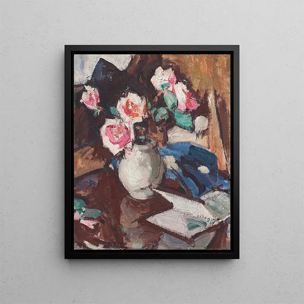 Rosa Rosen in einer Vase — Samuel John Peploe — gerahmtes Bild an der Wand